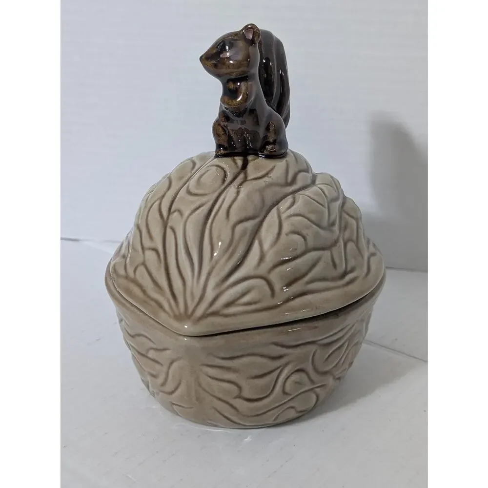 Vintage Ceramic Walnut Dish with Squirrel Finial Covered Nut Bowl